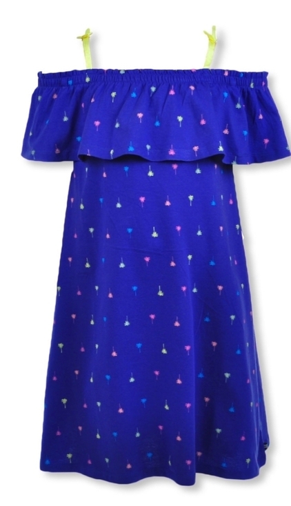 Nautica Girls' Blue Ruffle Top Neon Palm Tree Print Cold Shoulder Dress Size 5 - Picture 1 of 7
